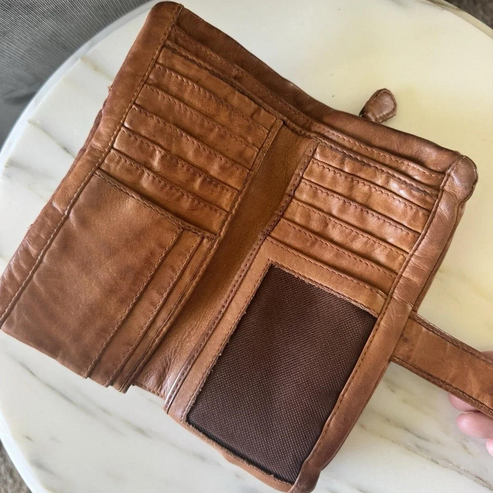 M M Kane Bifold Wallet Brown ~ Tan Woven Leather Women's Zip Super Soft Leather